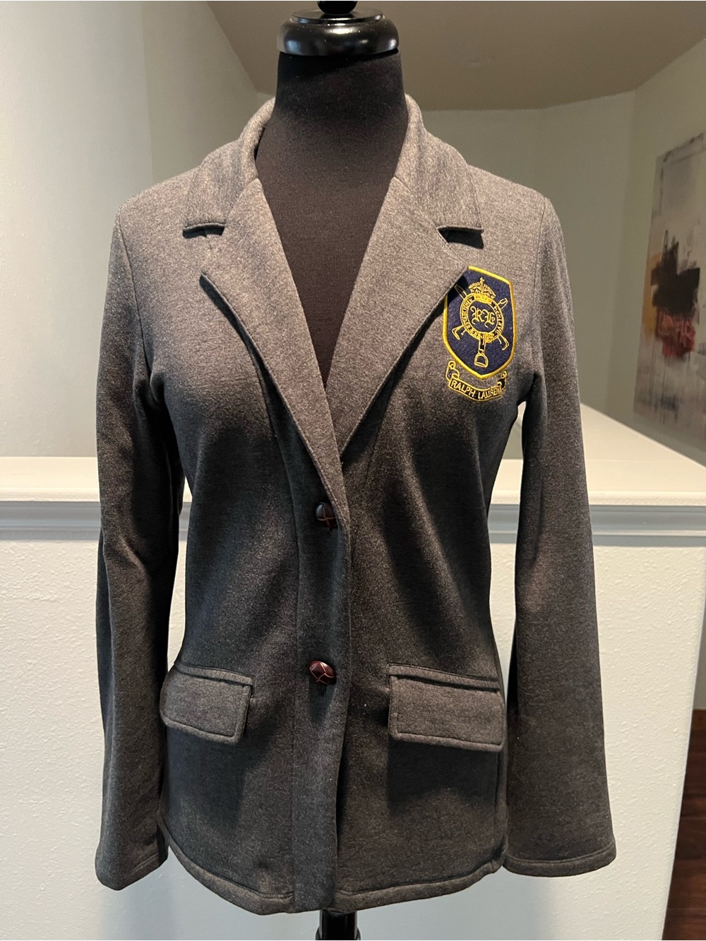 RALPH LAUREN Gray Blazer Jacket with Embroidered Crest - Women's
